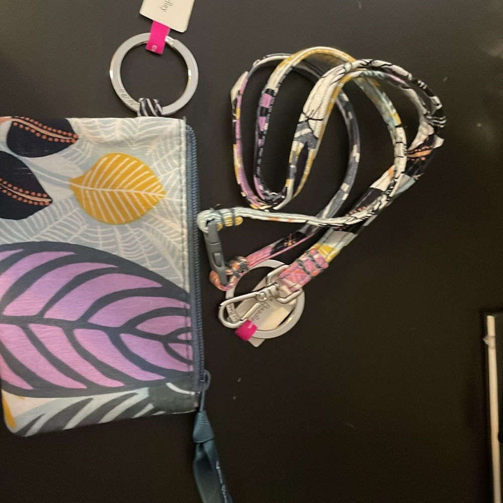Vera Bradley Grey Floral Zip Up ID Pouch with Matching Lanyard